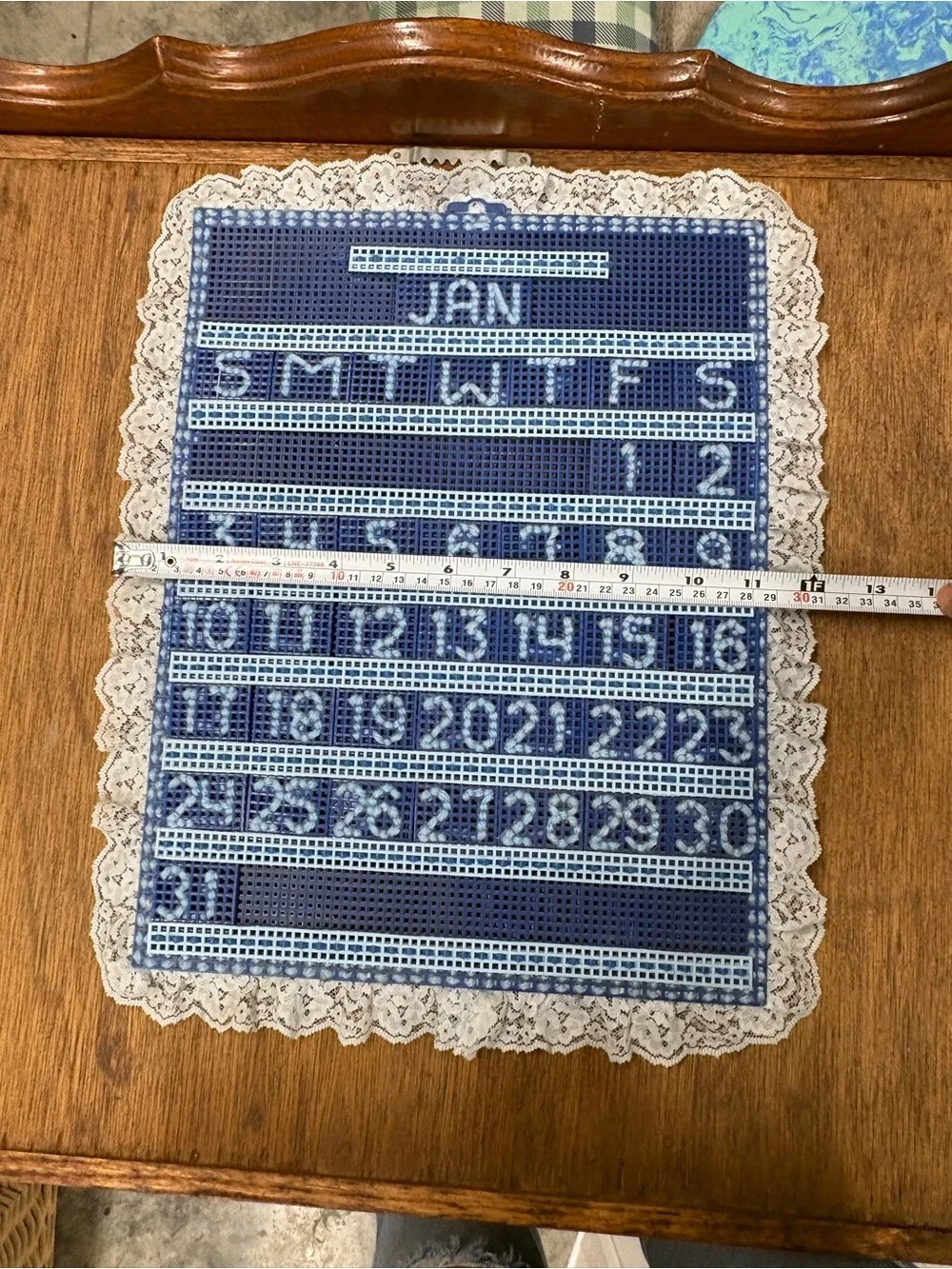 NOS VTG Handmade Needlepoint Perpetual Calendar Latch Hook Lace Edge All Pieces